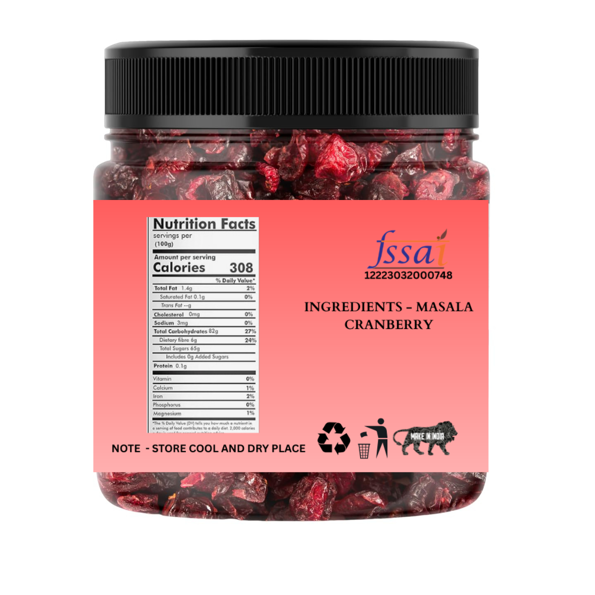 Jar of dried cranberries with a pink label displaying nutrition facts and ingredients.