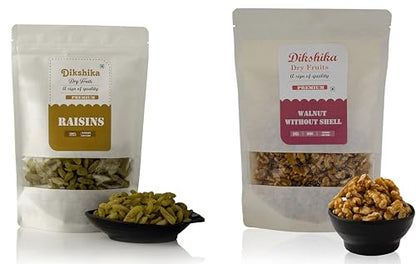 Dikshika Dry Fruit Raisins (Kishmish) Healthy snacks And Premium Walnuts Walnuts Without Shell Rich In Protein Kernels (200 G Each)