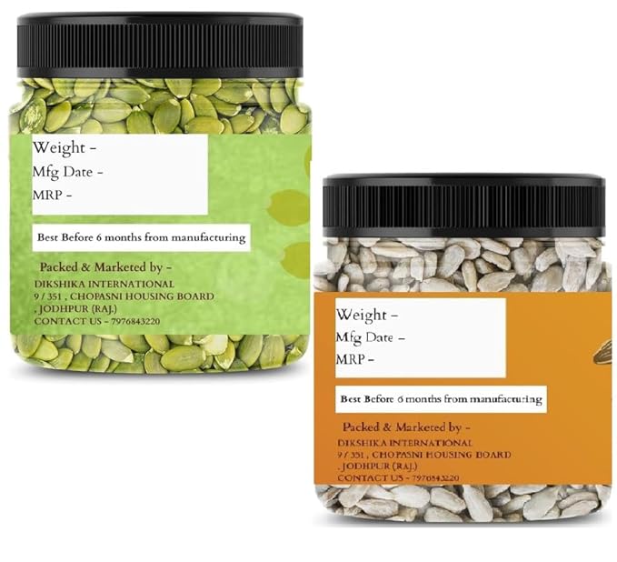 Two jars of seeds, one green and one orange, with labels on a white background.