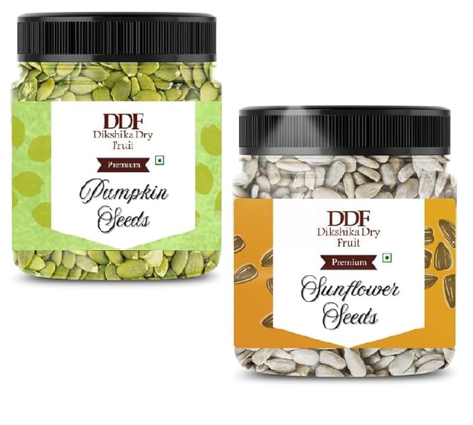 Two jars of pumpkin and sunflower seeds with DDF labels on a white background
