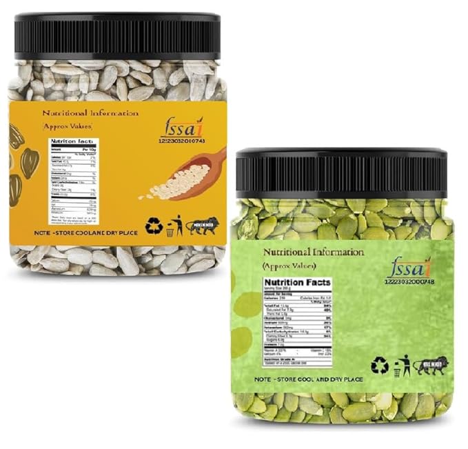 Two jars of seeds with labels showing nutritional information and FSSAI approval on a white background.
