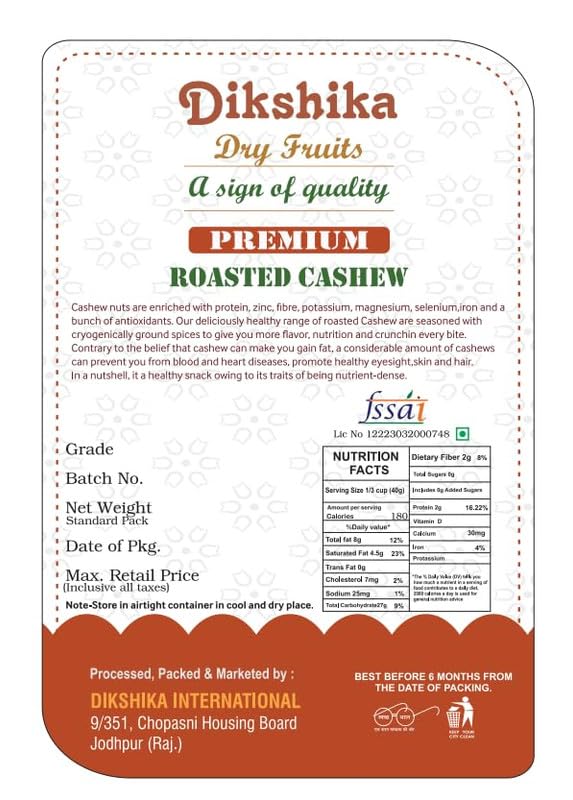 Dikshika Dry Fruits Classic Salted & Roasted Cashews 500 gm | Premium Crunchy Kaju nuts | Rich in Protein, Magnesium & Phosphorus | No Artificial Colours & Flavours