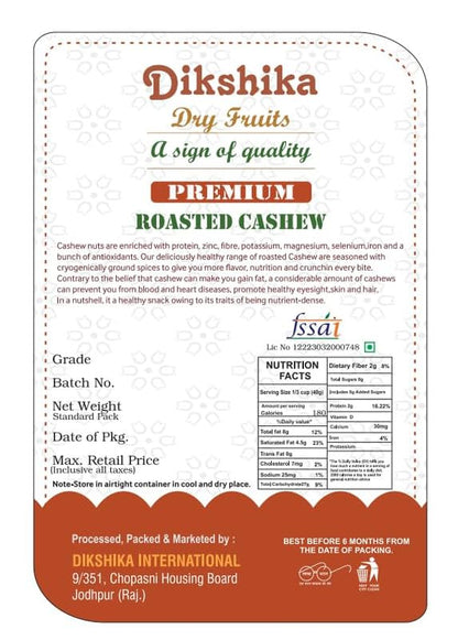Dikshika Dry Fruits Classic Salted & Roasted Cashews 500 gm | Premium Crunchy Kaju nuts | Rich in Protein, Magnesium & Phosphorus | No Artificial Colours & Flavours