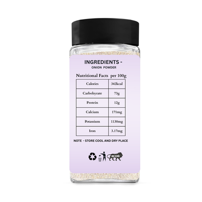 Container of onion powder with a purple label displaying nutritional facts on a white background