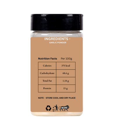 Jar of garlic powder with nutritional information on a white background
