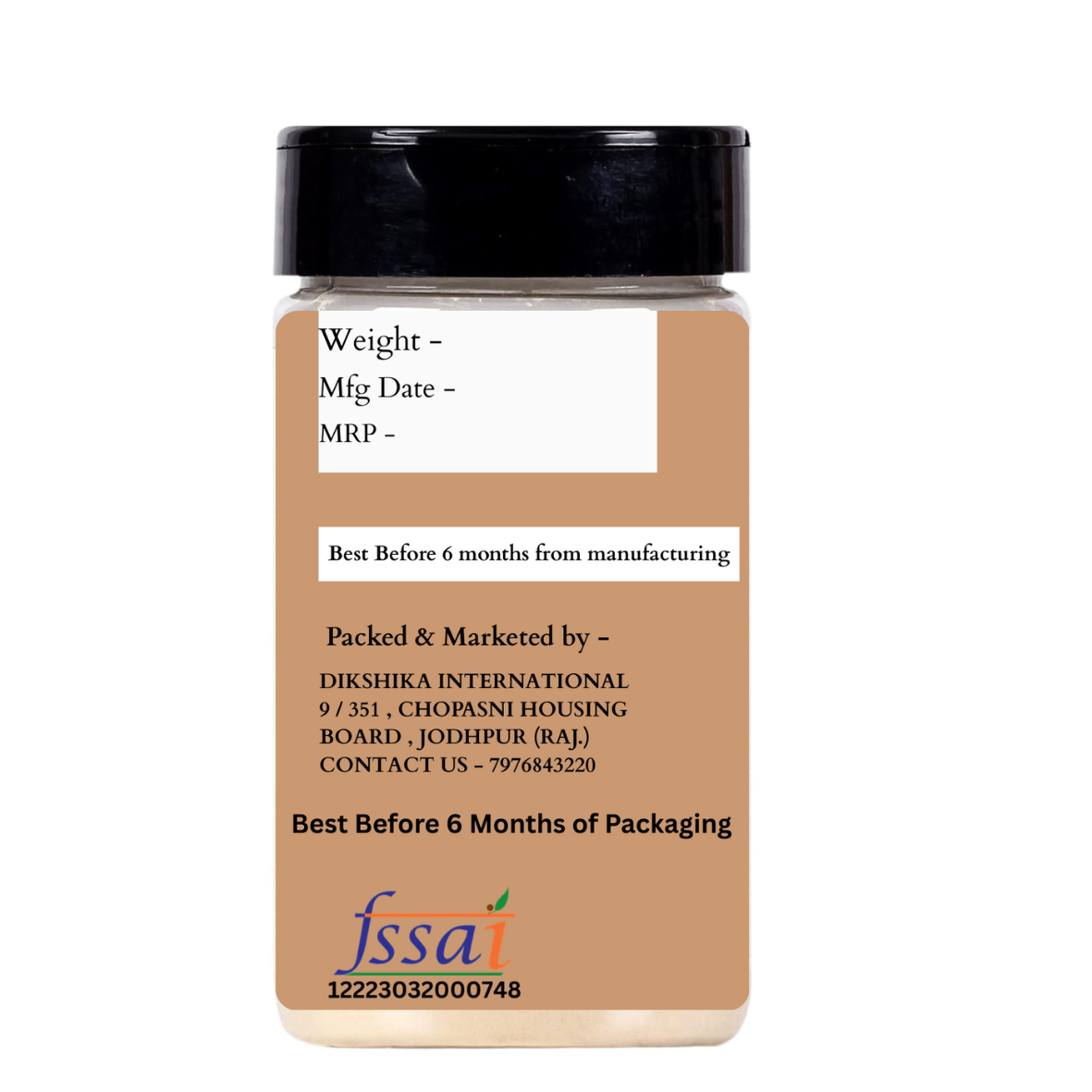 Jar with a label displaying manufacturing details and FSSAI certification on a white background