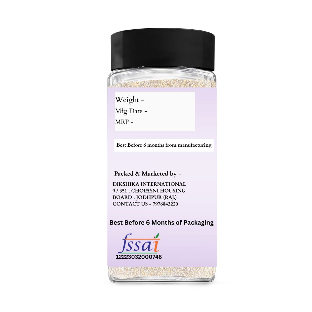 Clear spice jar with black lid and purple label on a white background
