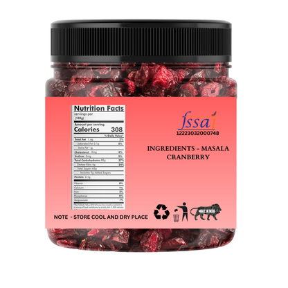 Jar of dried cranberries with a pink label displaying nutrition facts and ingredients.