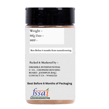 Container with a label displaying manufacturing details and FSSAI certification on a white background