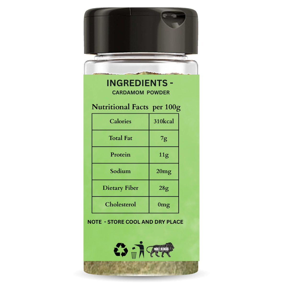 Spice container with green label displaying ingredients and nutritional facts on a white background